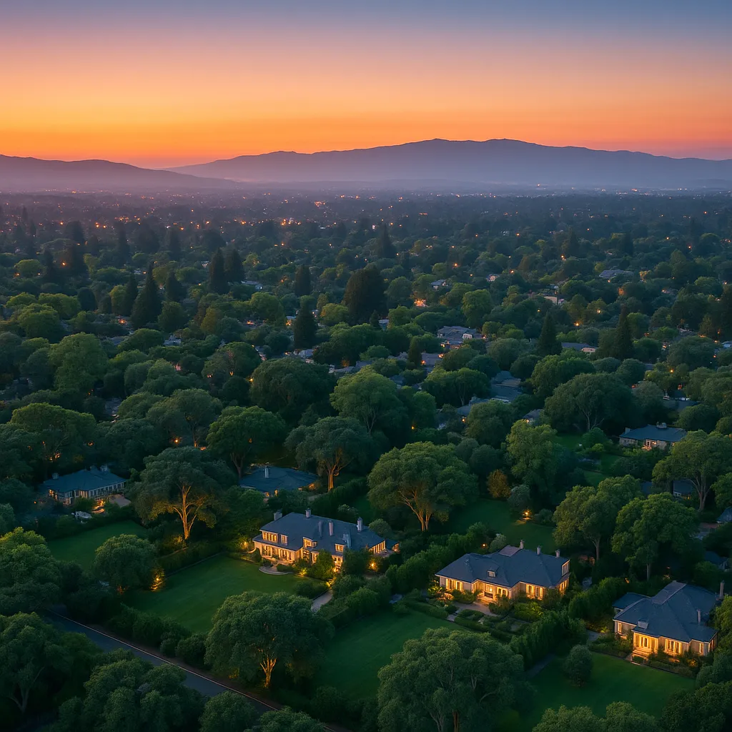 High-resolution aerial twilight shot of Atherton featuring sprawling estates with illuminated windows and manicured lawns nestled beneath a dense oak canopy, suburban streets softly glowing under streetlights, and hazy foothills silhouetted against a warm-to-cool evening sky.